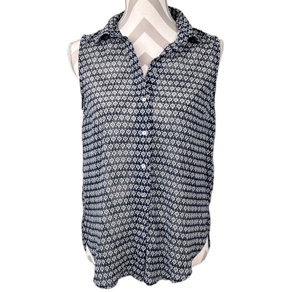 H&M sheer sleeveless blouse button down blue and white size 2 - Picture 1 of 7